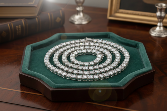 Diamond necklace on a green velvet stand with books and a frame in the background